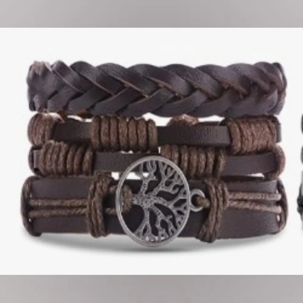 Men's Leather Bracelets Set Braided Layered Brown New f64‎